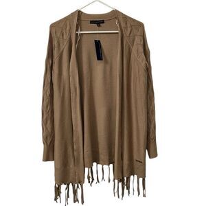 Adrienne Vittadini Tan Fringed Open Front Cardigan(Size Medium)
